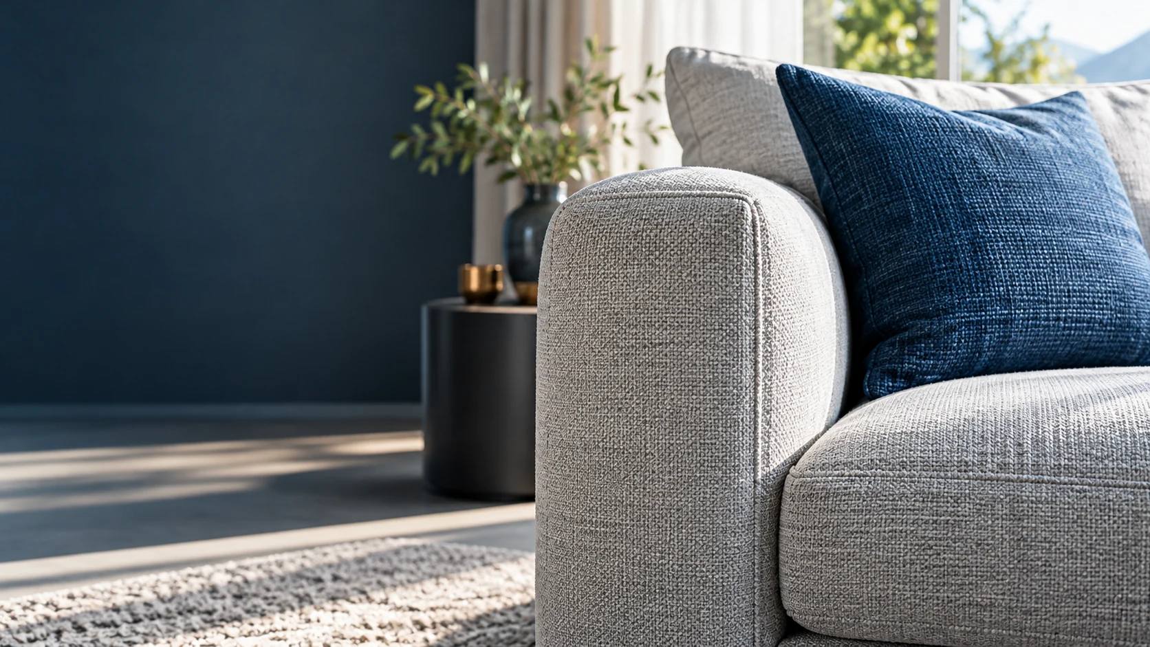 Helles Sofa mit Stoffpolstern und einem blauen Kissen